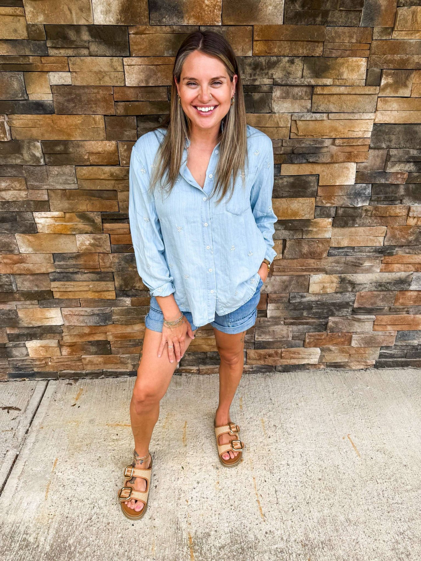 Floral Embroidered Chambray Shirt