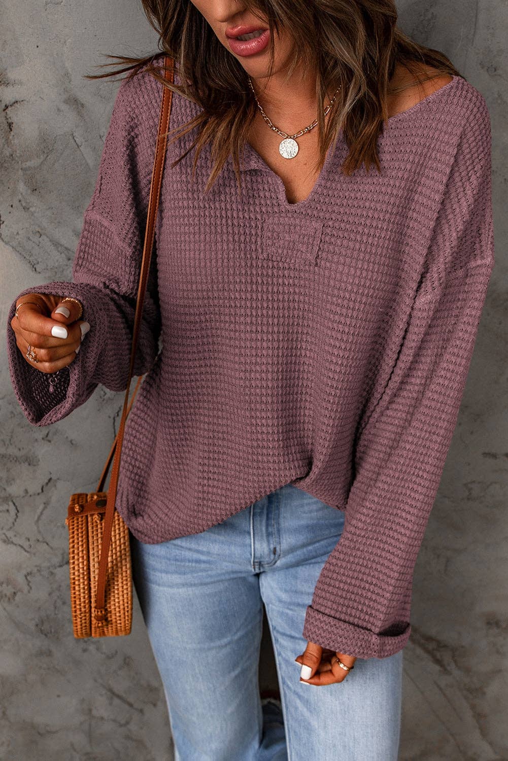 Purple Waffle Knit Loose Long Sleeve Top