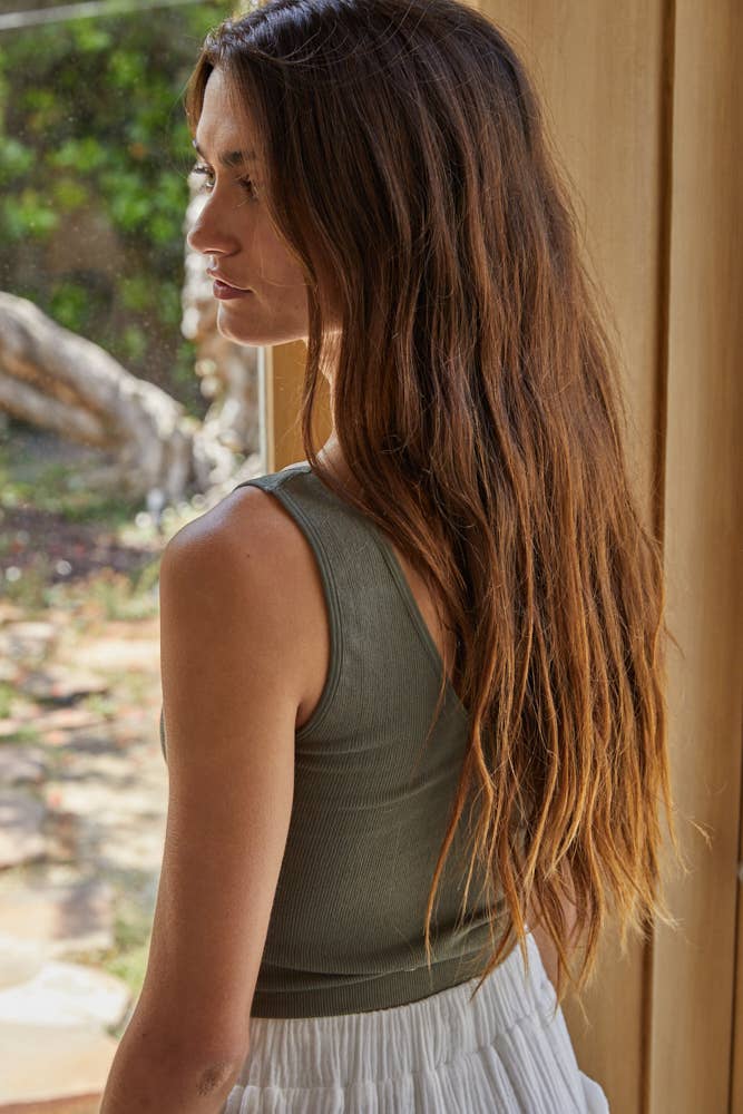 Seamless Ribbed U-V Neck Crop Tank Top