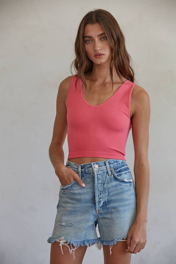 Seamless Ribbed U-V Neck Crop Tank Top