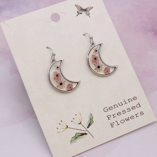 Pink Dried Flower Silver Moon Earrings
