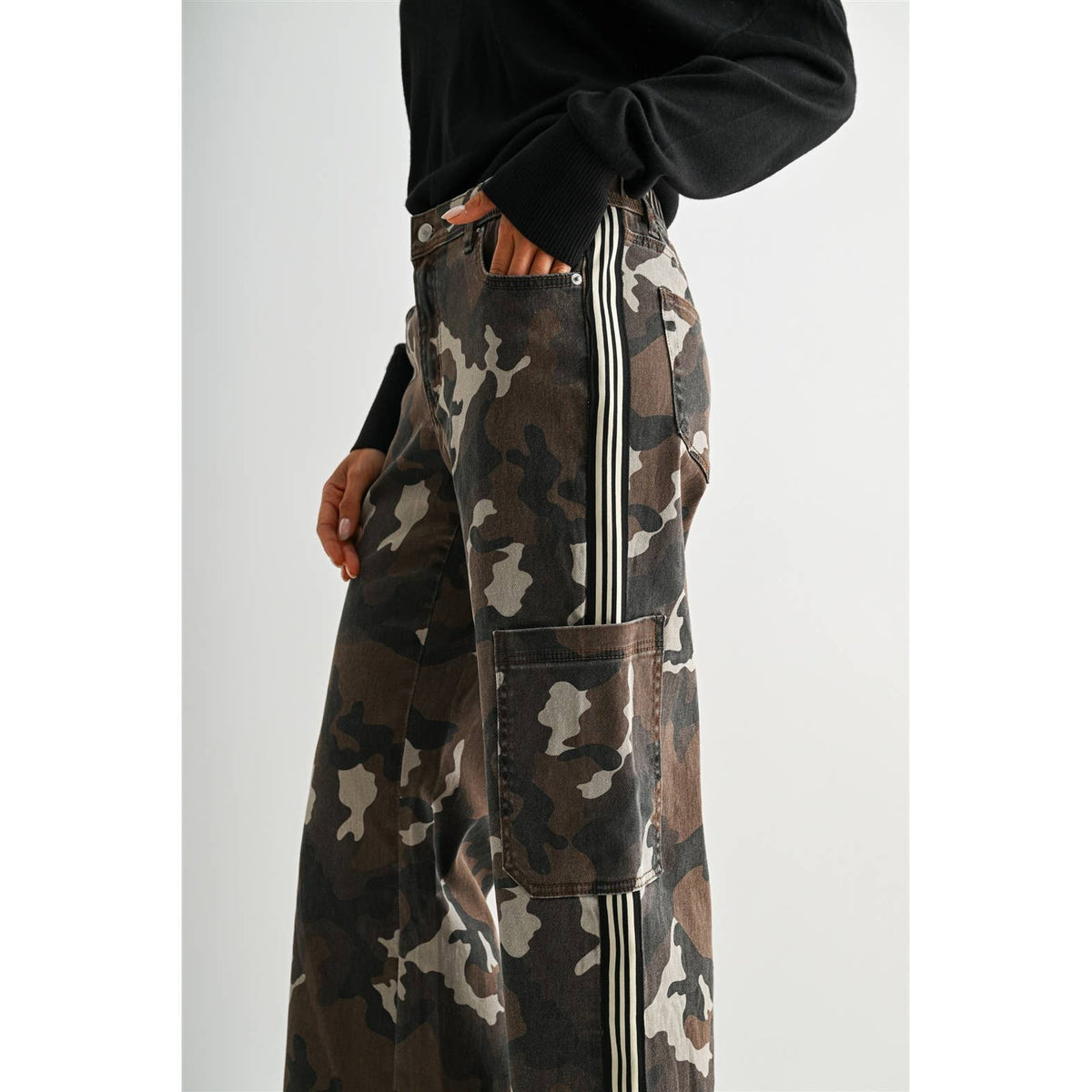 High-Rise Wide Jogger Camo and Side Taped Detail