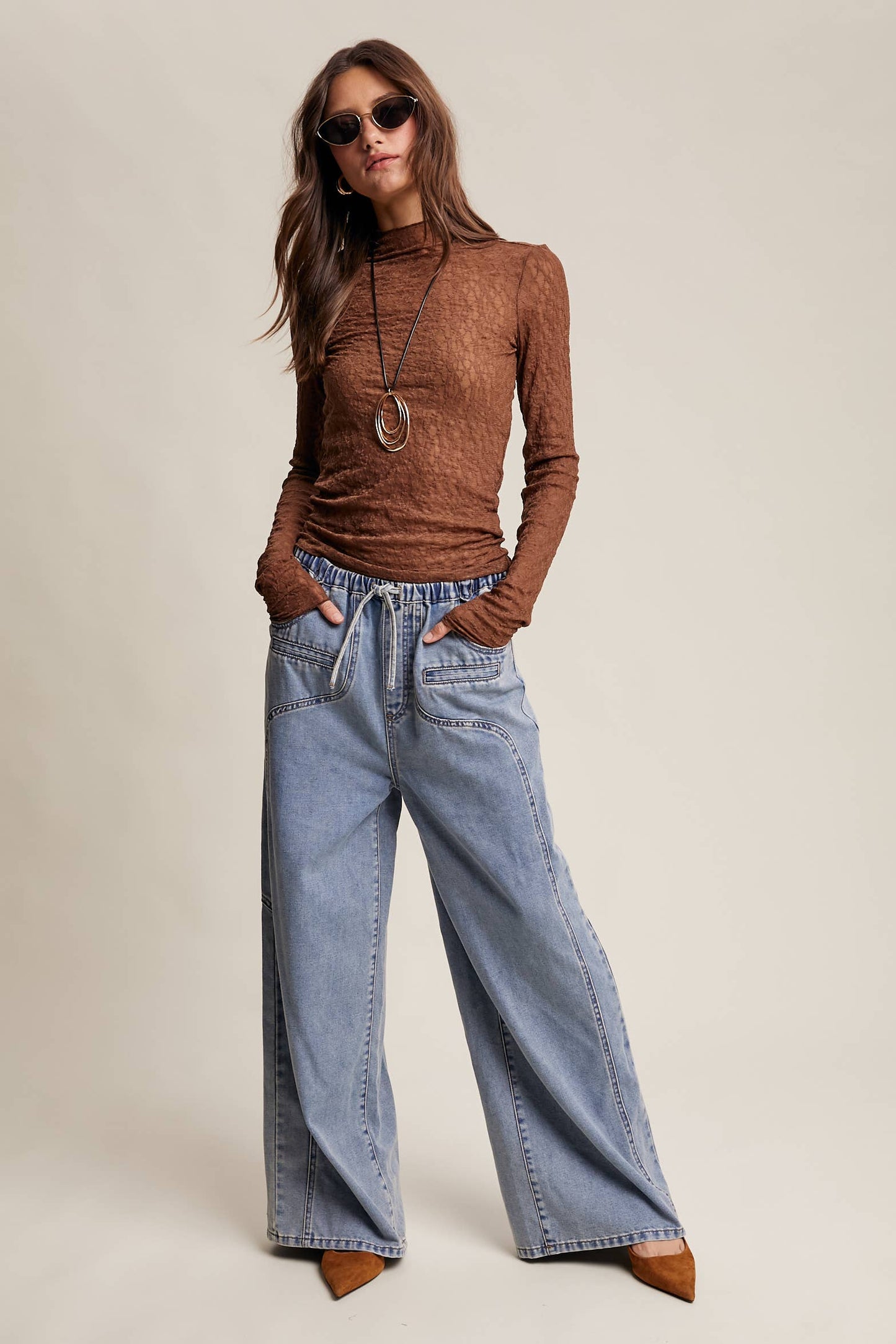 Wide Leg Denim Drawstring Pants