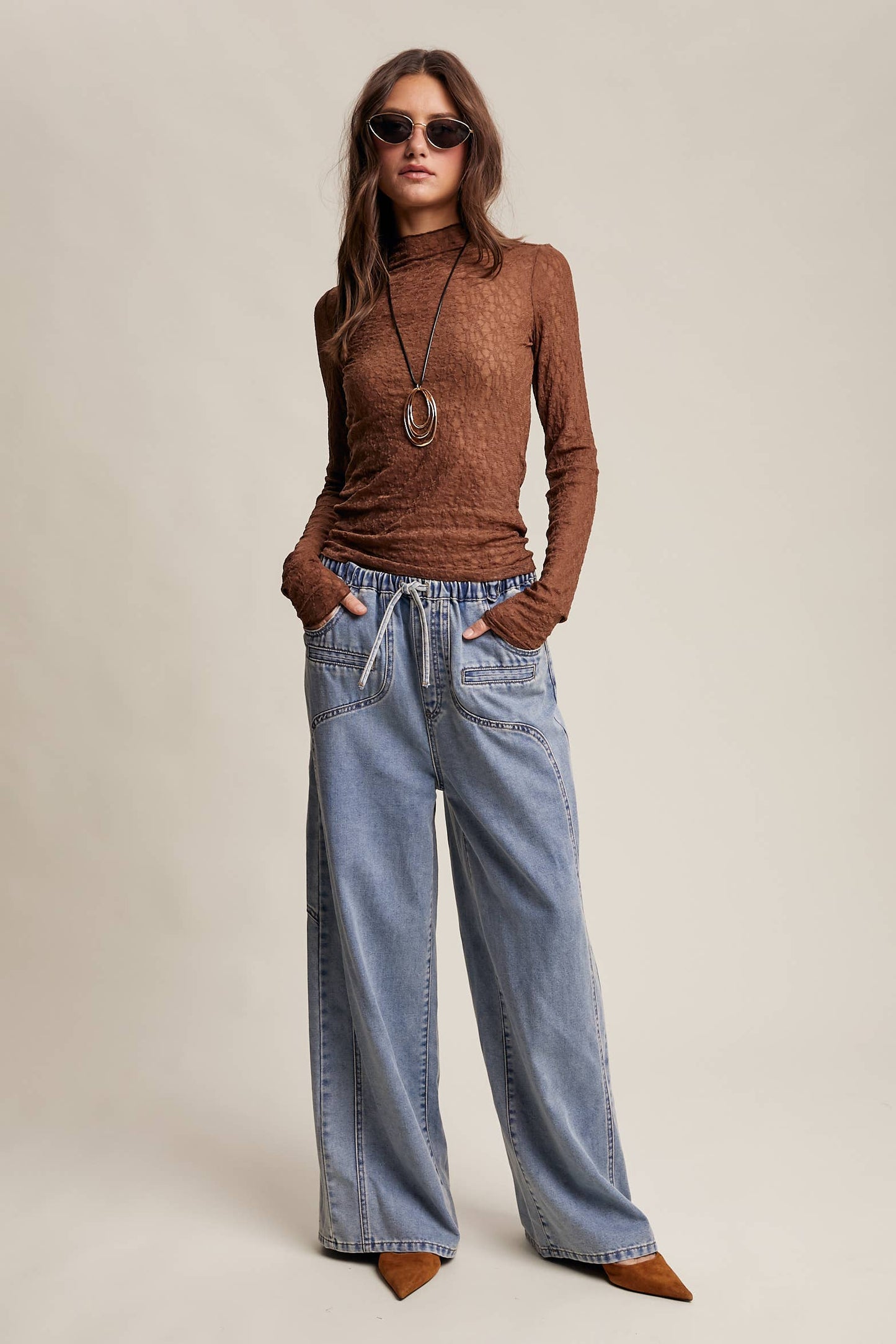 Wide Leg Denim Drawstring Pants
