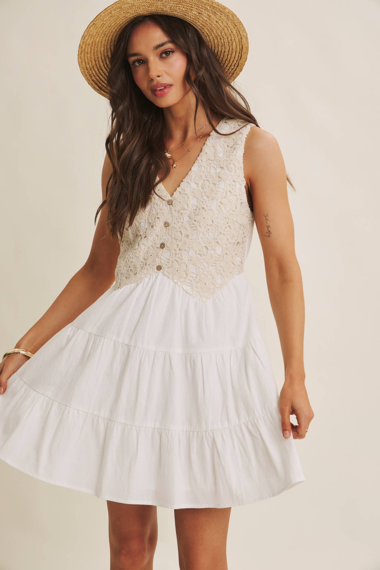white picnic dress French Picnic Crochet Mixed Media Mini Dress – Off White Small