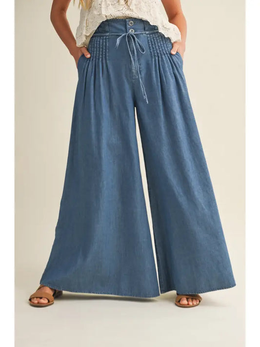 Pintuck Wide Leg Denim Pants