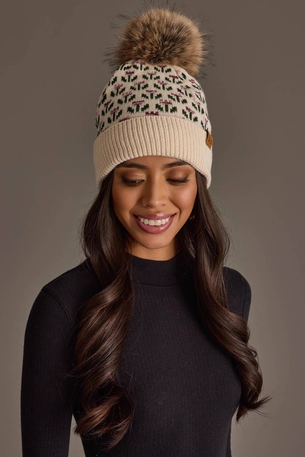 Cream Small Floral Pattern Knit Pom Hat