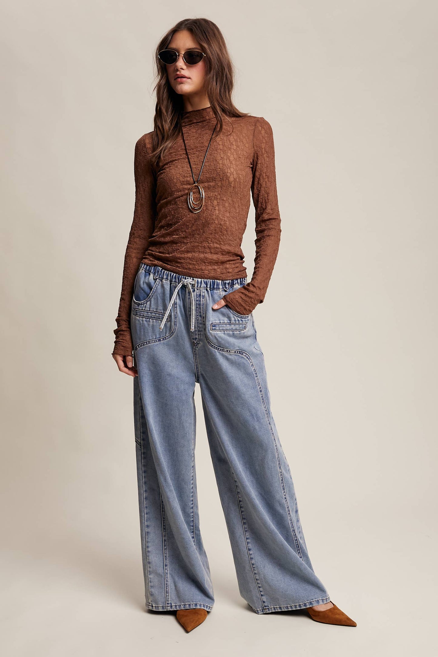 Wide Leg Denim Drawstring Pants