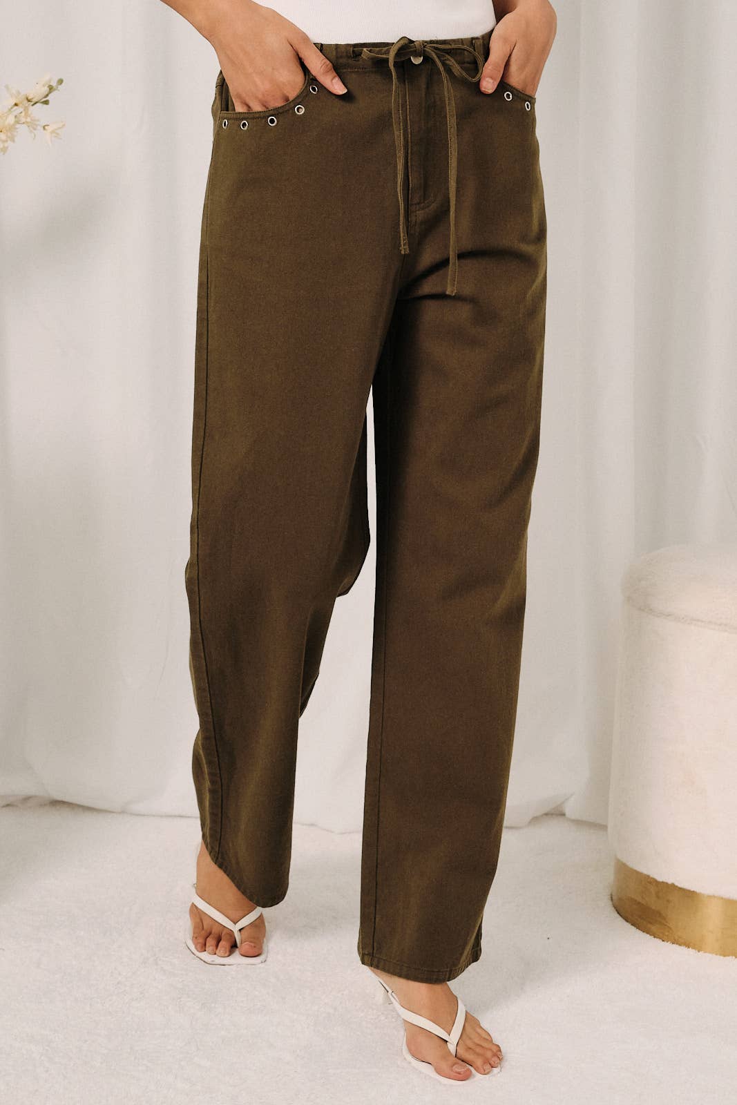 Mid Rise Grommet Pocket Drawstring Straight Leg Pants