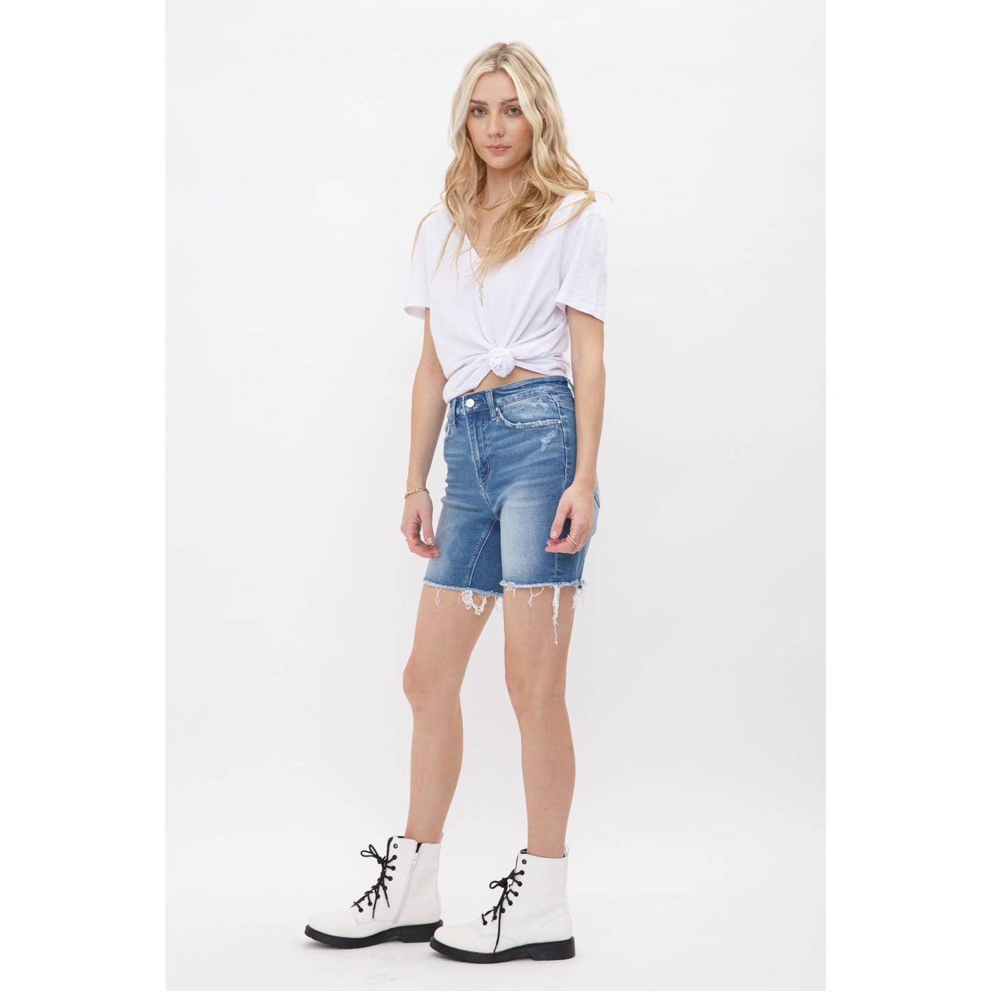High Rise Stretch Midi Shorts - Vintage Style