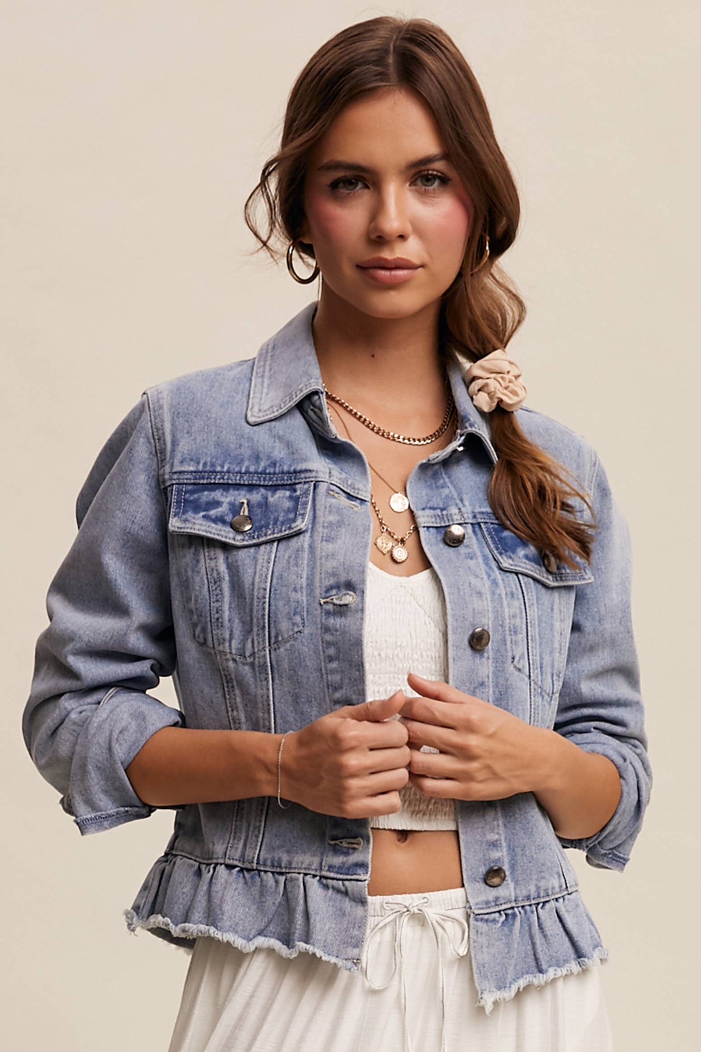 Ruffled Hem Denim Jacket