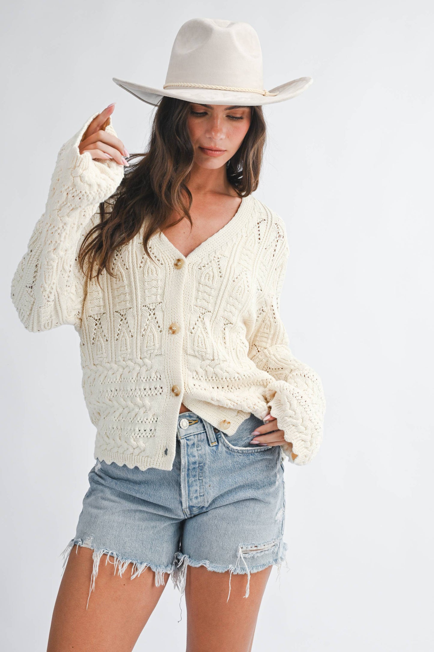Textured Pointelle Button Front Cardigan Top