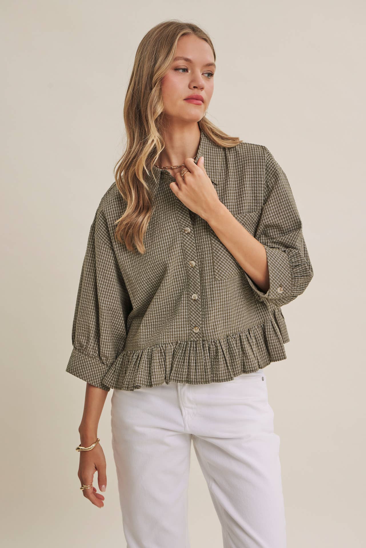 Morning Oat Micro Check Ruffle Hem