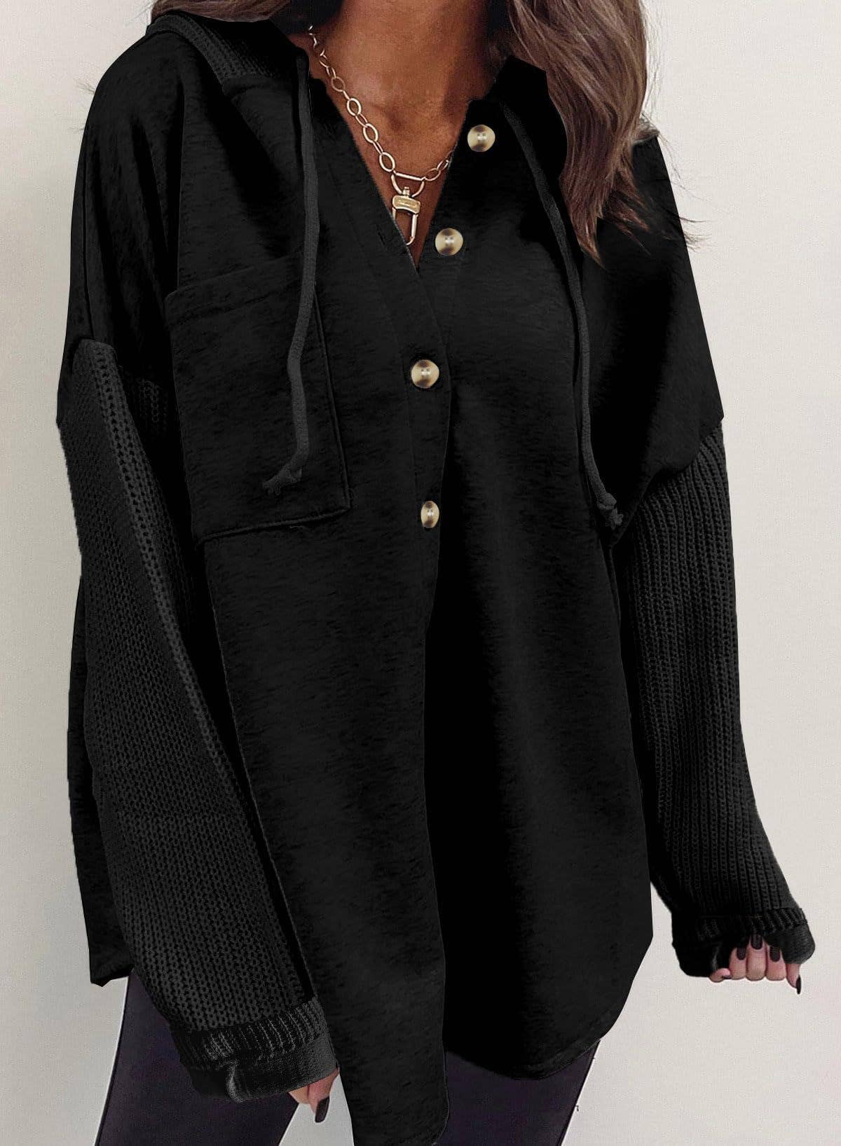 Colorblock Hoodie Sweatshirt with Button Detail