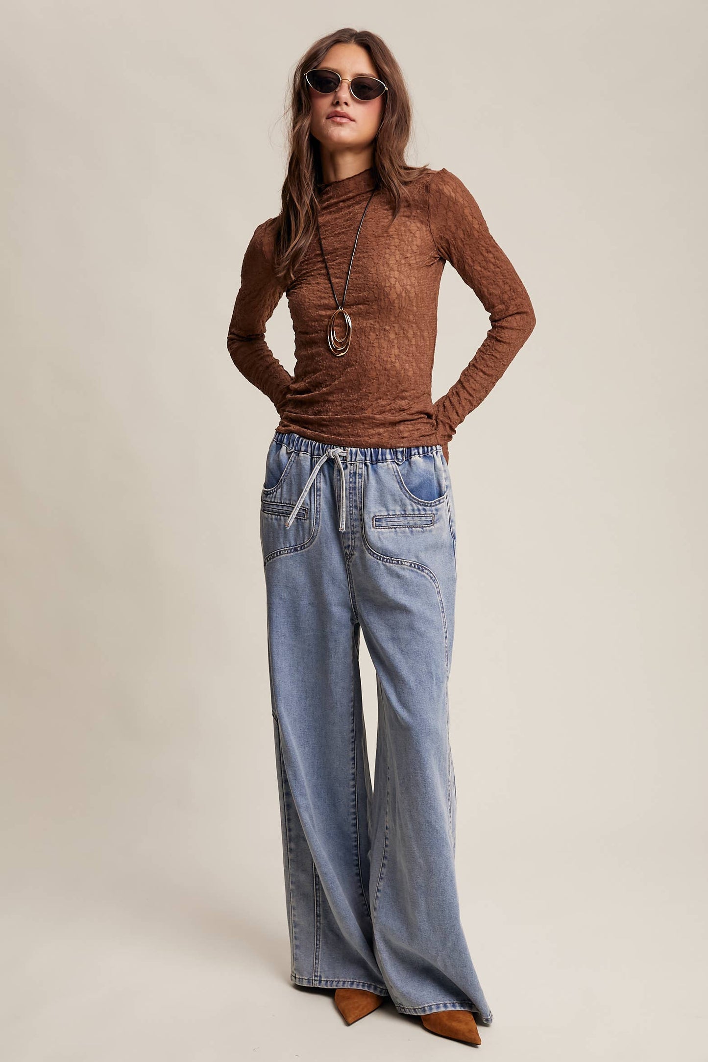 Wide Leg Denim Drawstring Pants