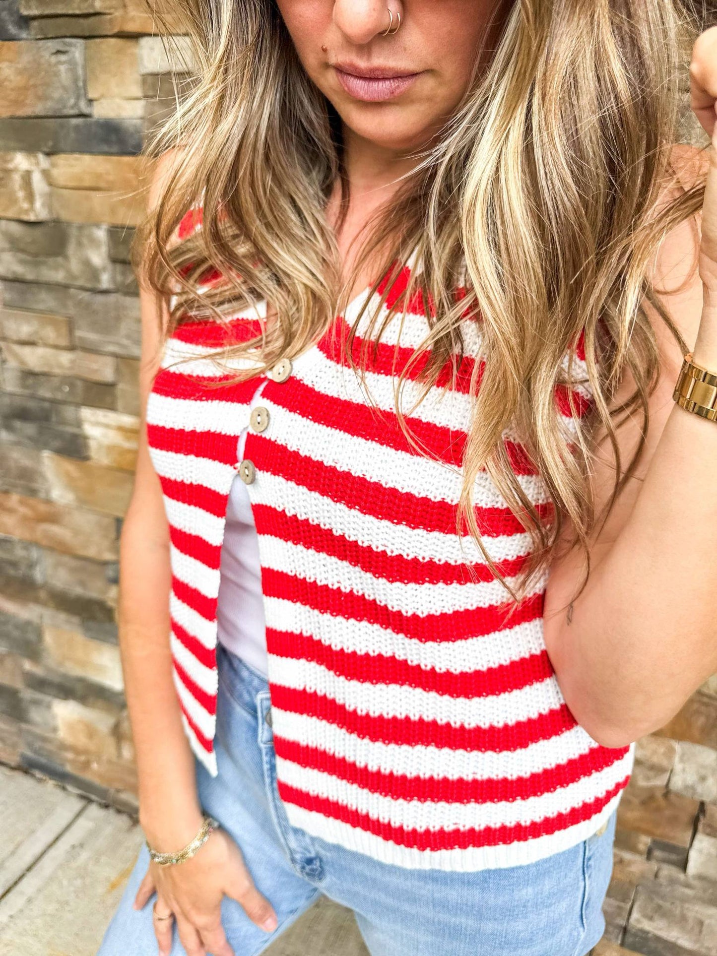 Striped Button-Front Sweater Vest