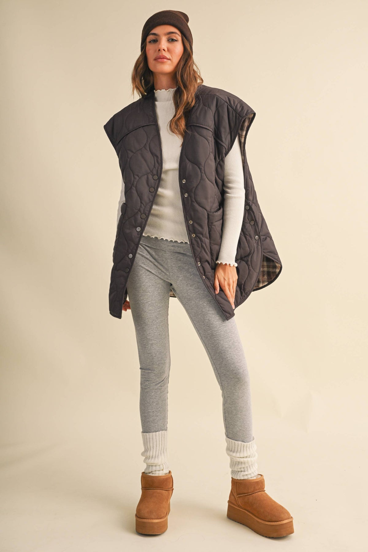 Oversized Reversible Quilted Plaid Vest