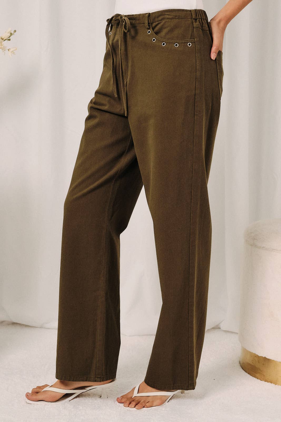 Mid Rise Grommet Pocket Drawstring Straight Leg Pants