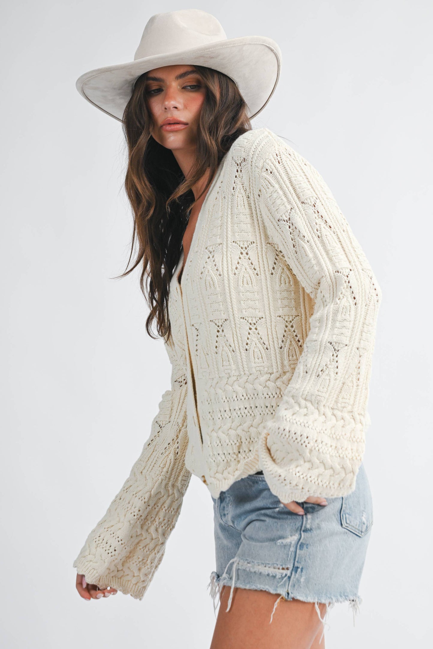 Textured Pointelle Button Front Cardigan Top