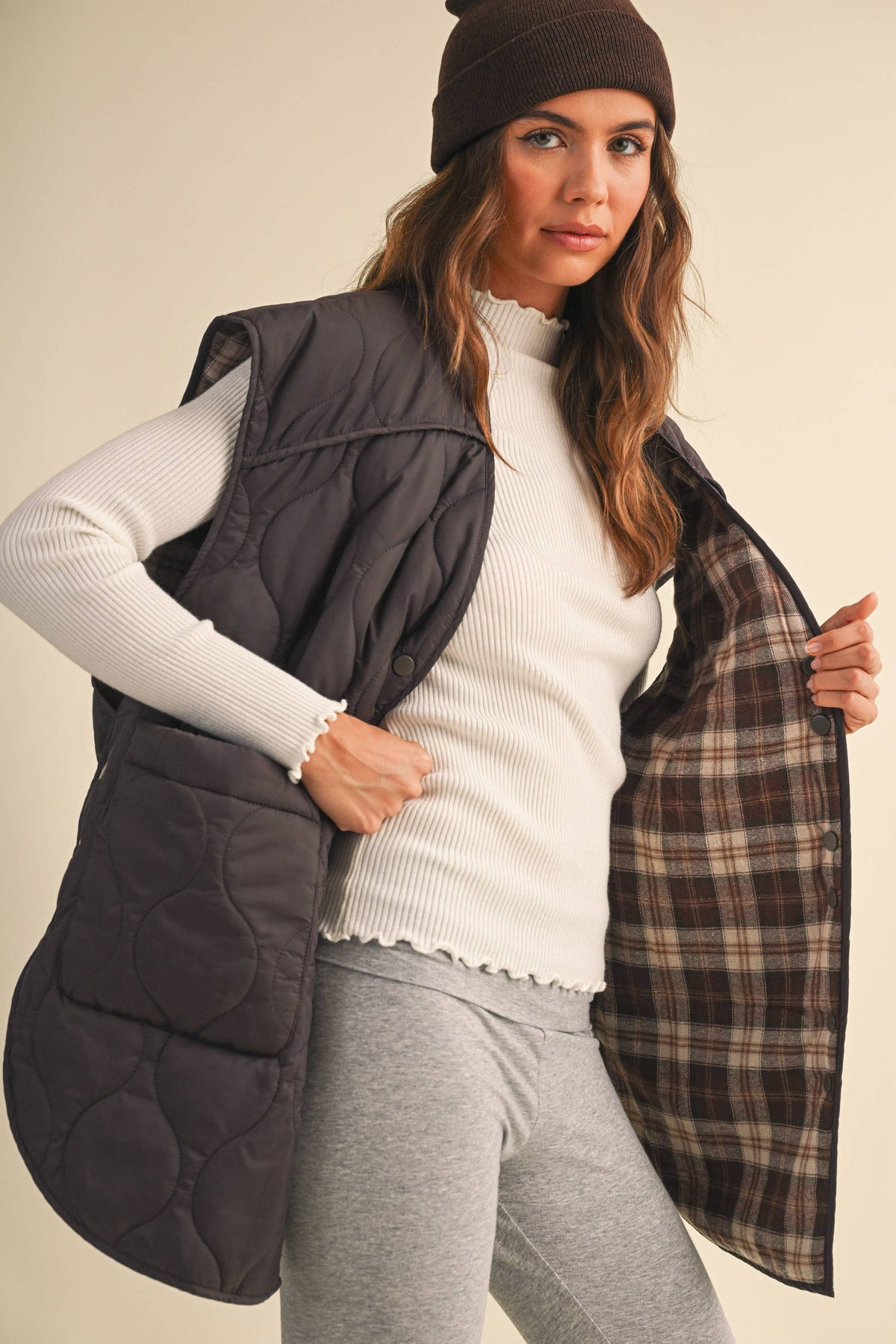 Oversized Reversible Quilted Plaid Vest