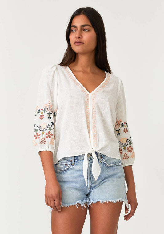 Floral Embroidered 3/4 Sleeve Tie Front Top