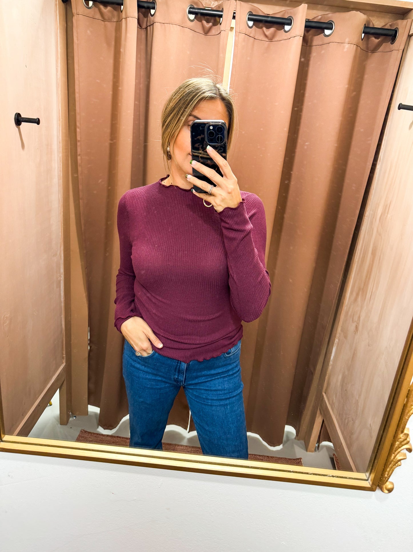 Long Sleeve Lettuce Hem Mock Neck Top