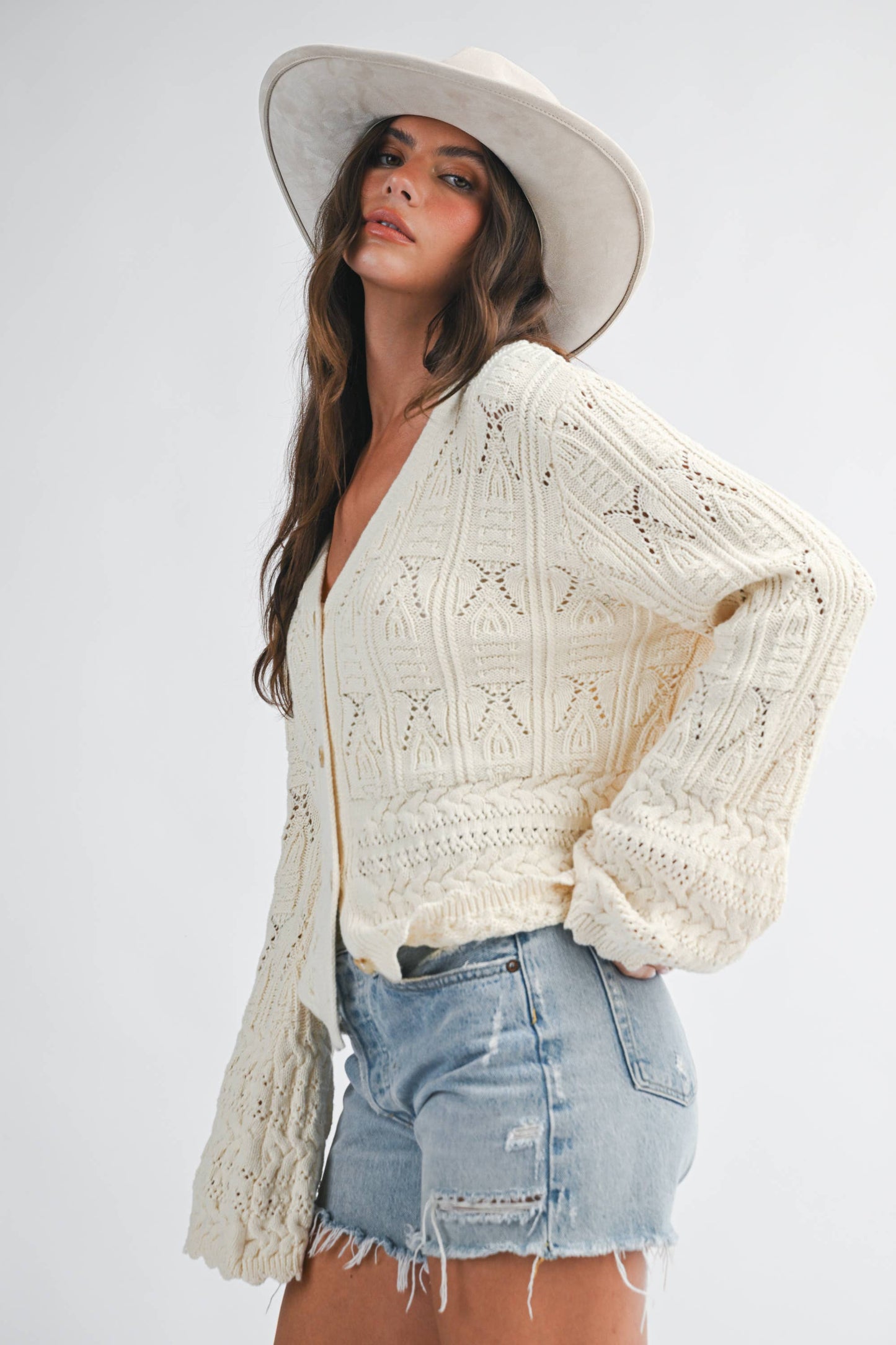 Textured Pointelle Button Front Cardigan Top