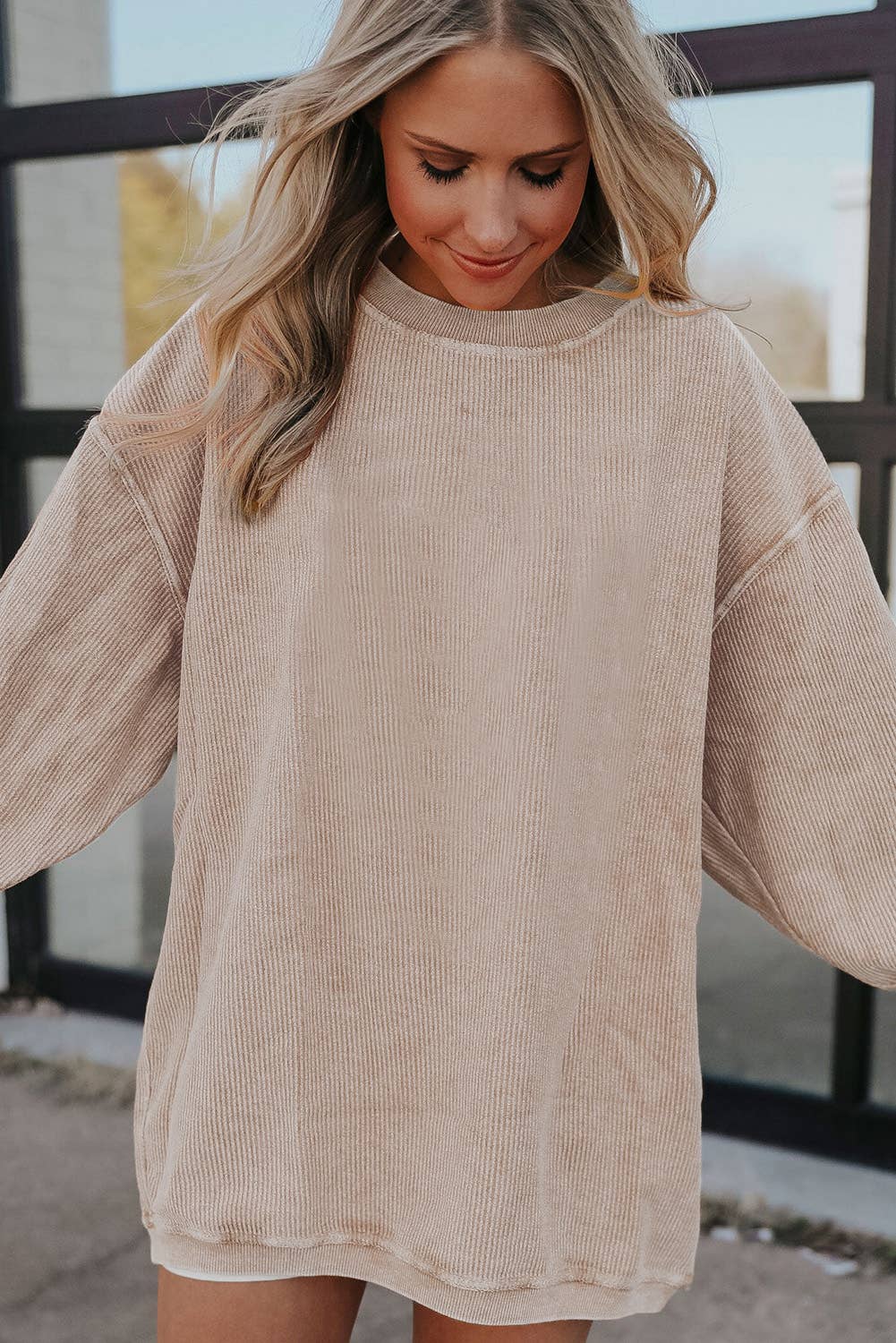 Customizable Long Sleeve Ribbed Corded Oversized Sweatshirt
