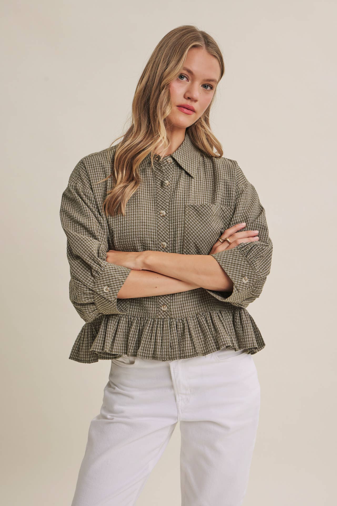 Morning Oat Micro Check Ruffle Hem