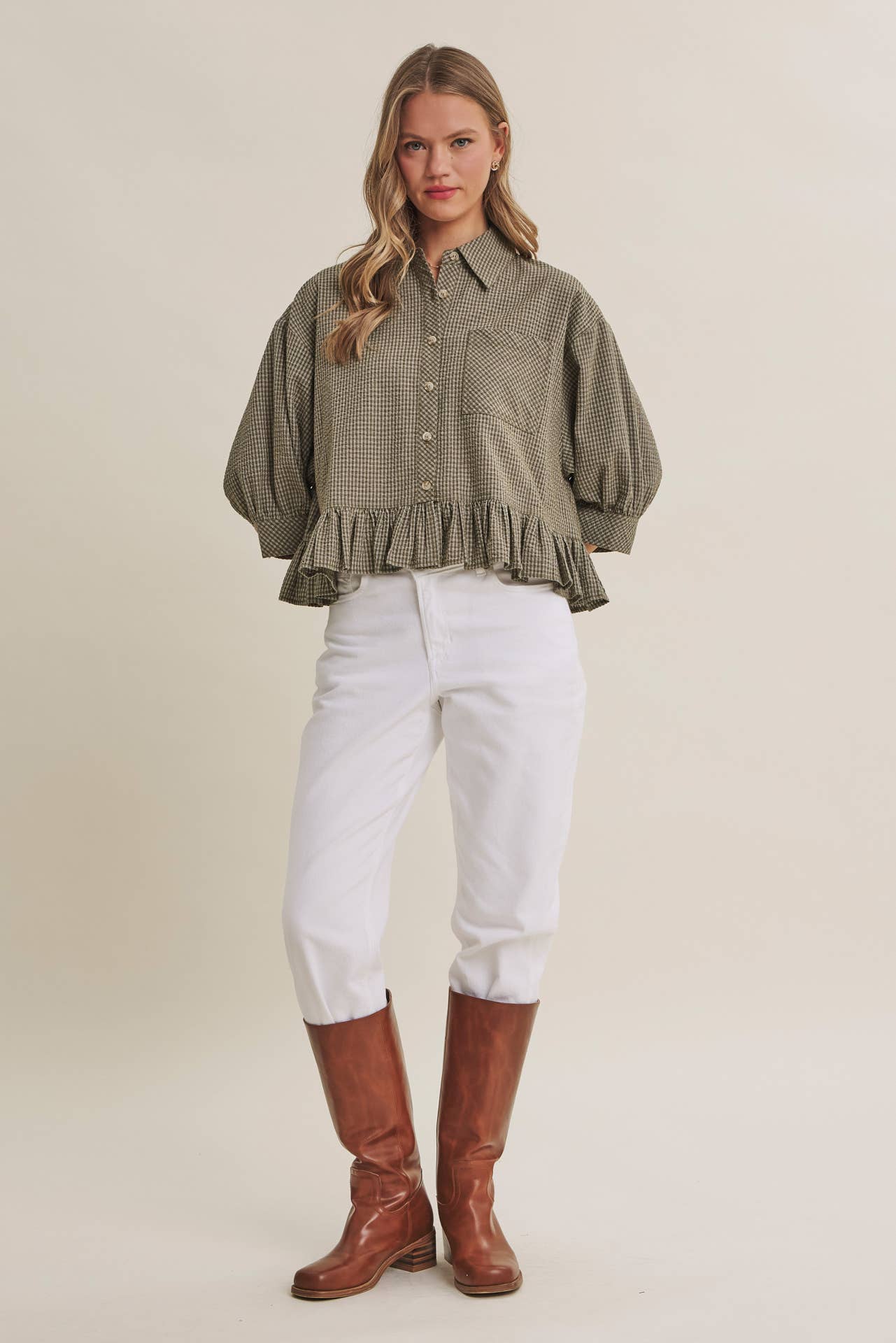 Morning Oat Micro Check Ruffle Hem