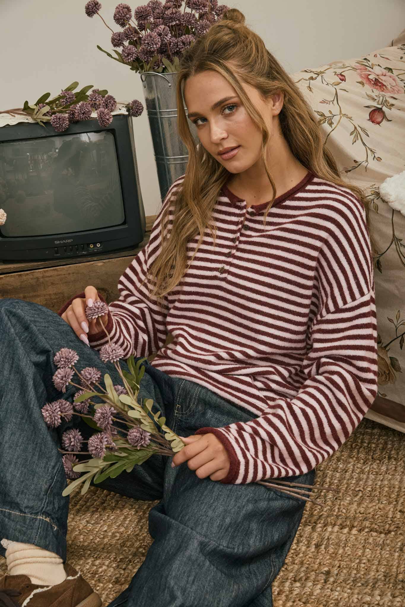 Button Henley Stripe Knit