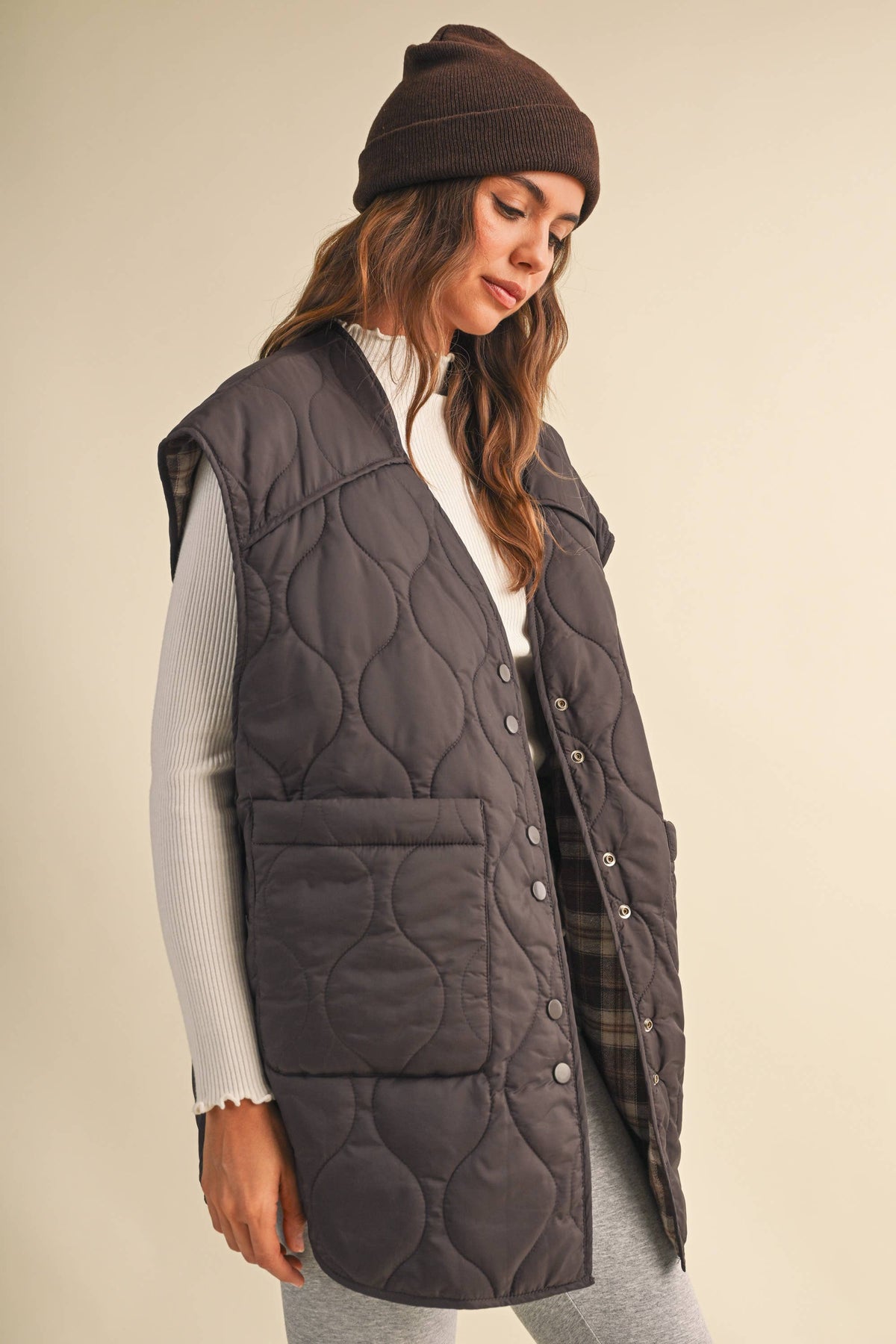 Oversized Reversible Quilted Plaid Vest