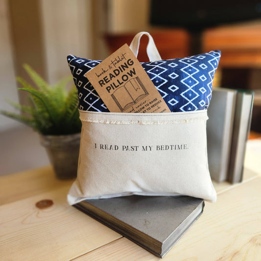 I read past my Bedtime, Reading Pillow, navy geometric