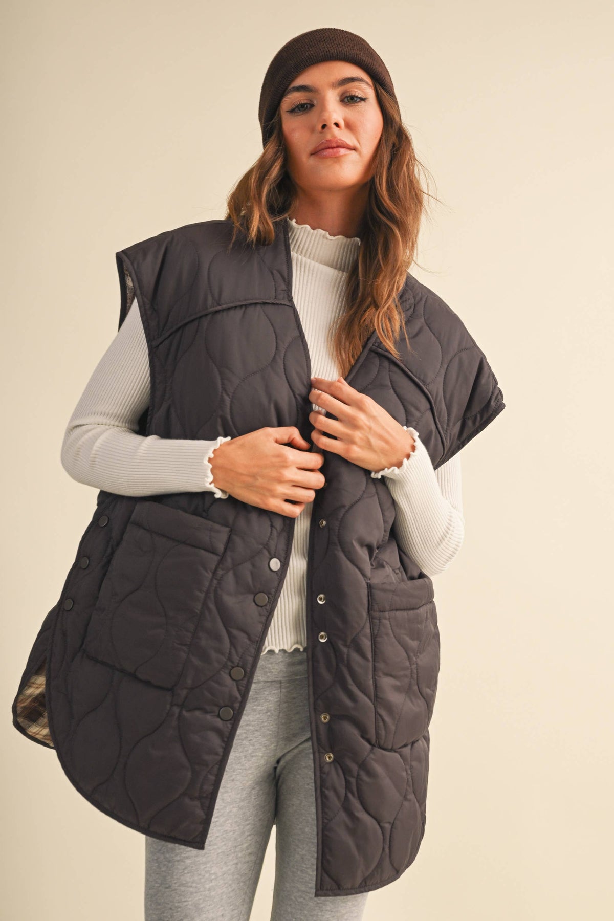 Oversized Reversible Quilted Plaid Vest