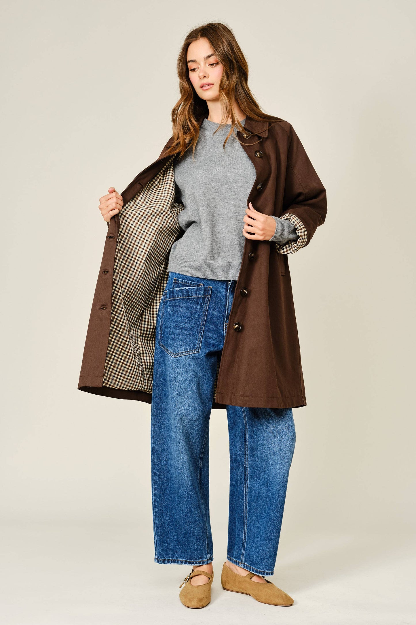 Checked Inside Midi Trench Coat