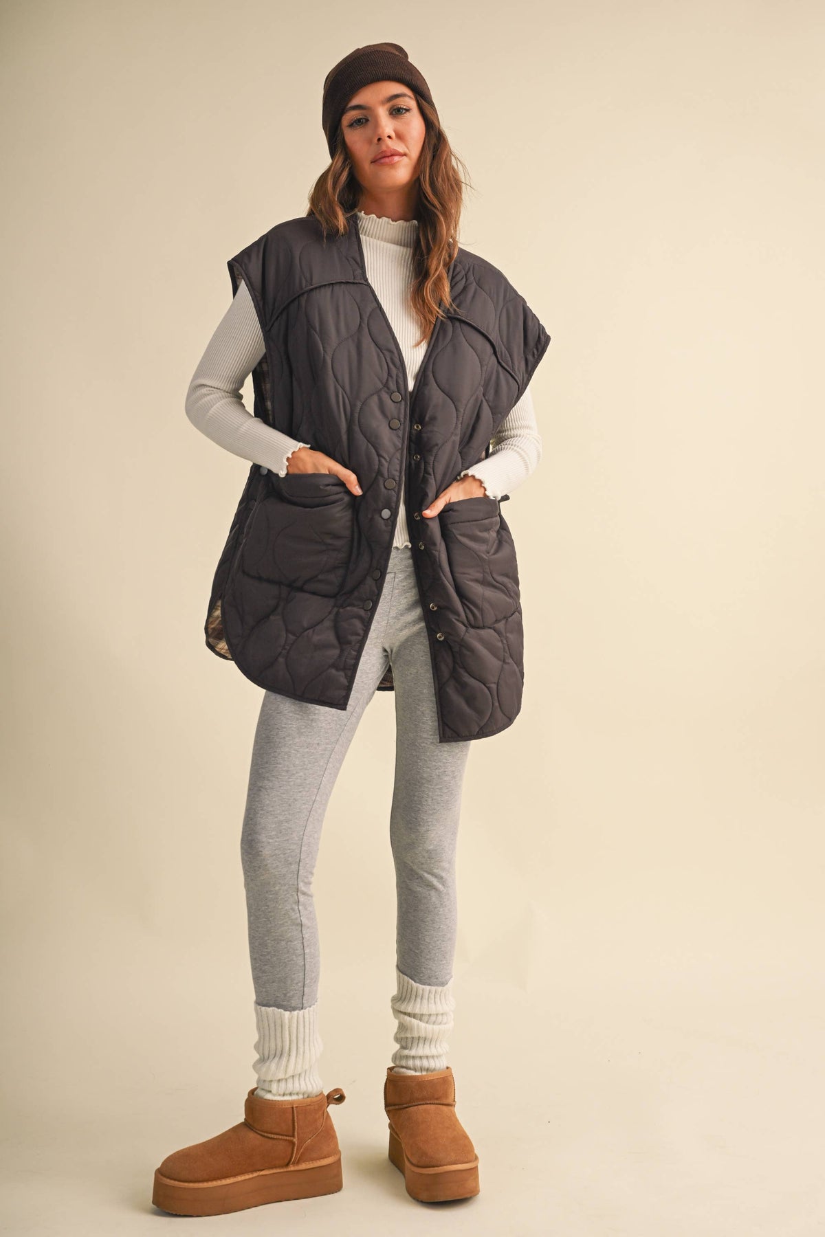 Oversized Reversible Quilted Plaid Vest