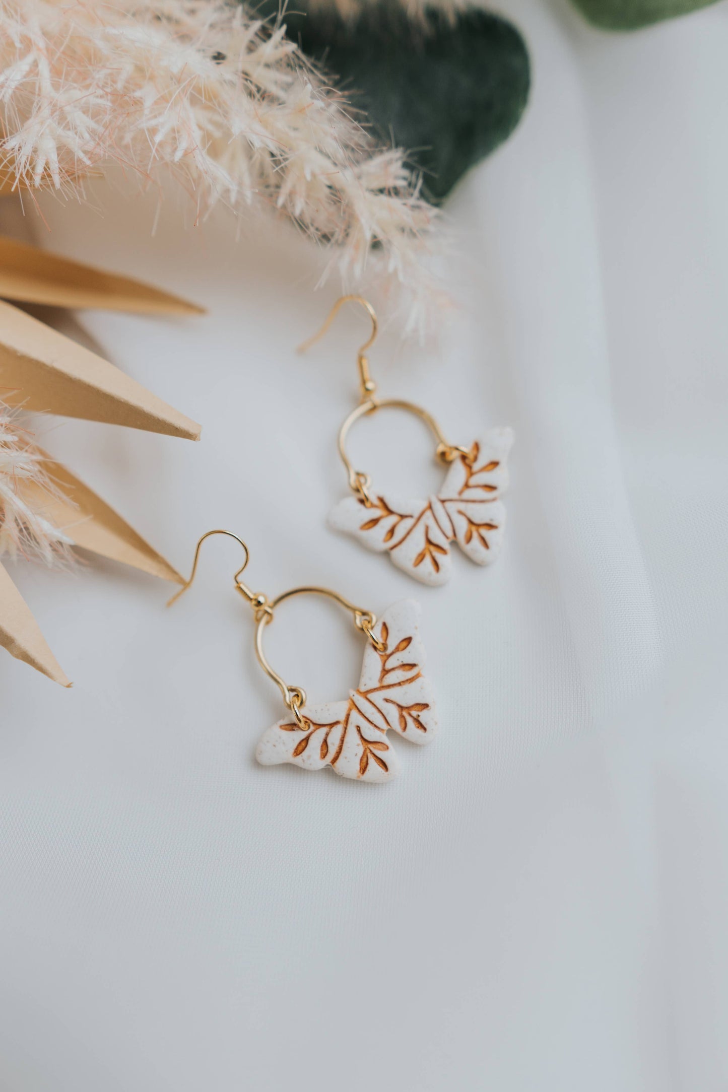 Gold Accent Cream Butterfly Clay Earrings