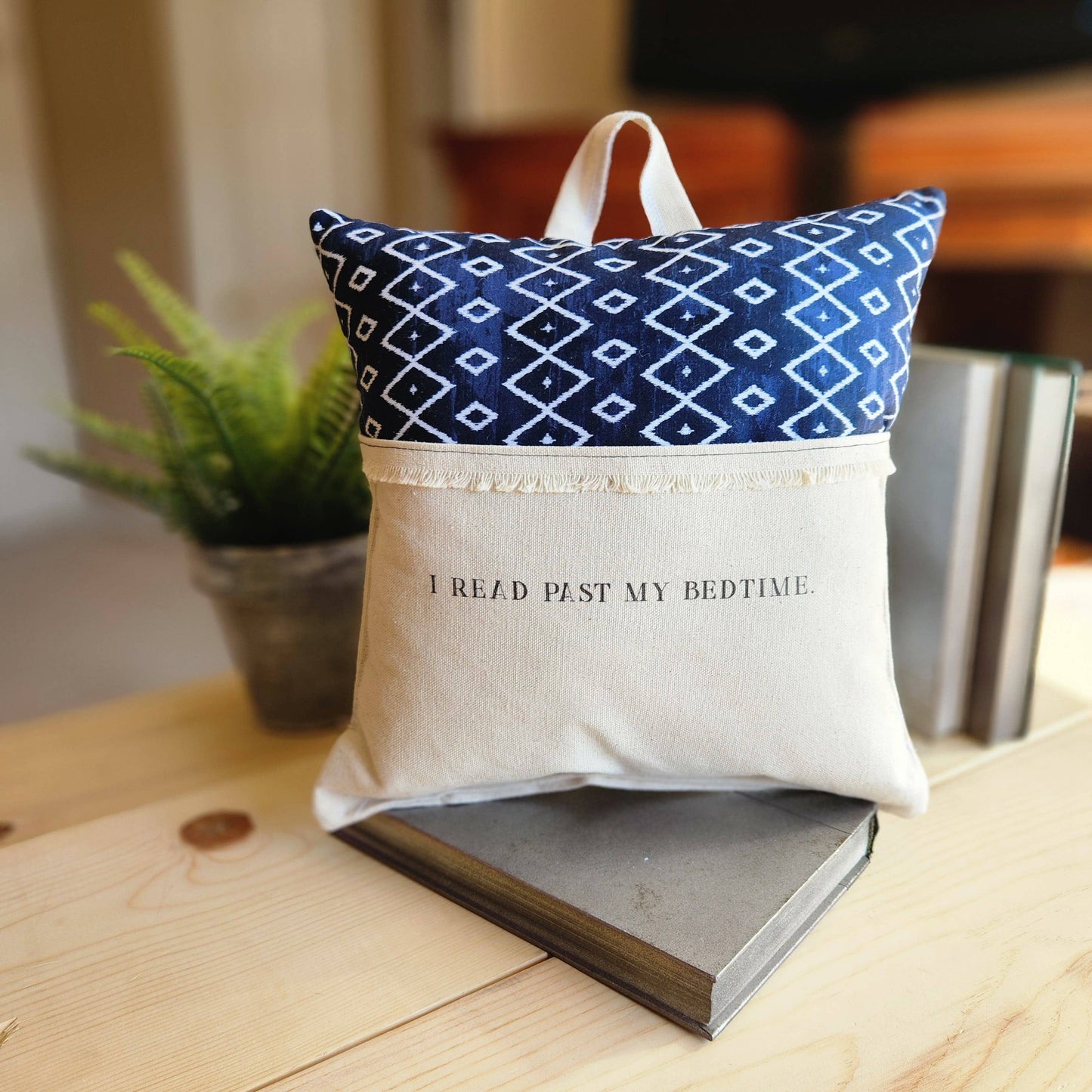 I read past my Bedtime, Reading Pillow, navy geometric