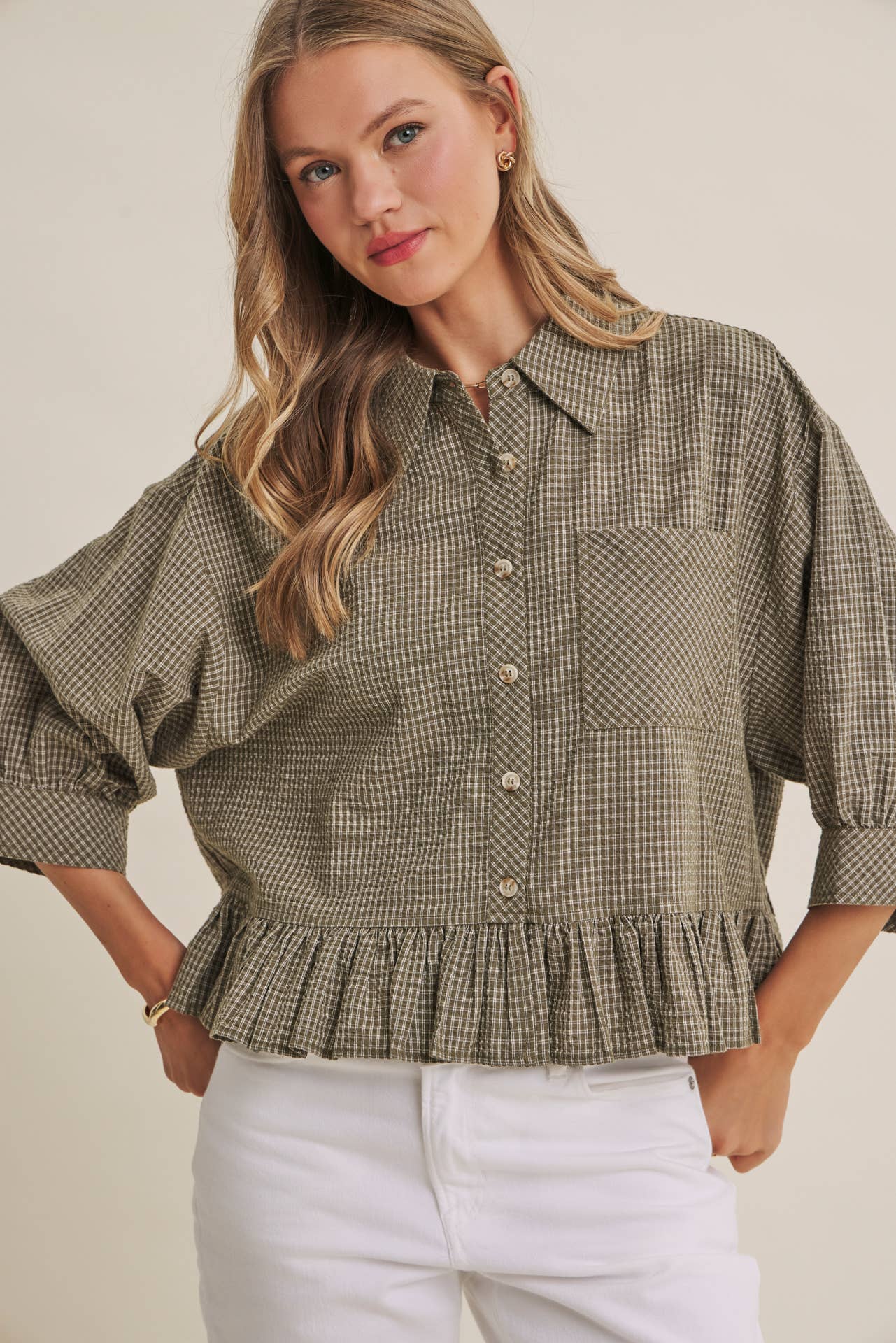 Morning Oat Micro Check Ruffle Hem