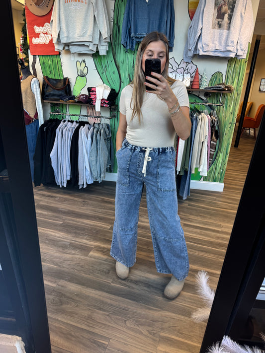 Wide-Leg Denim Drawstring Pants