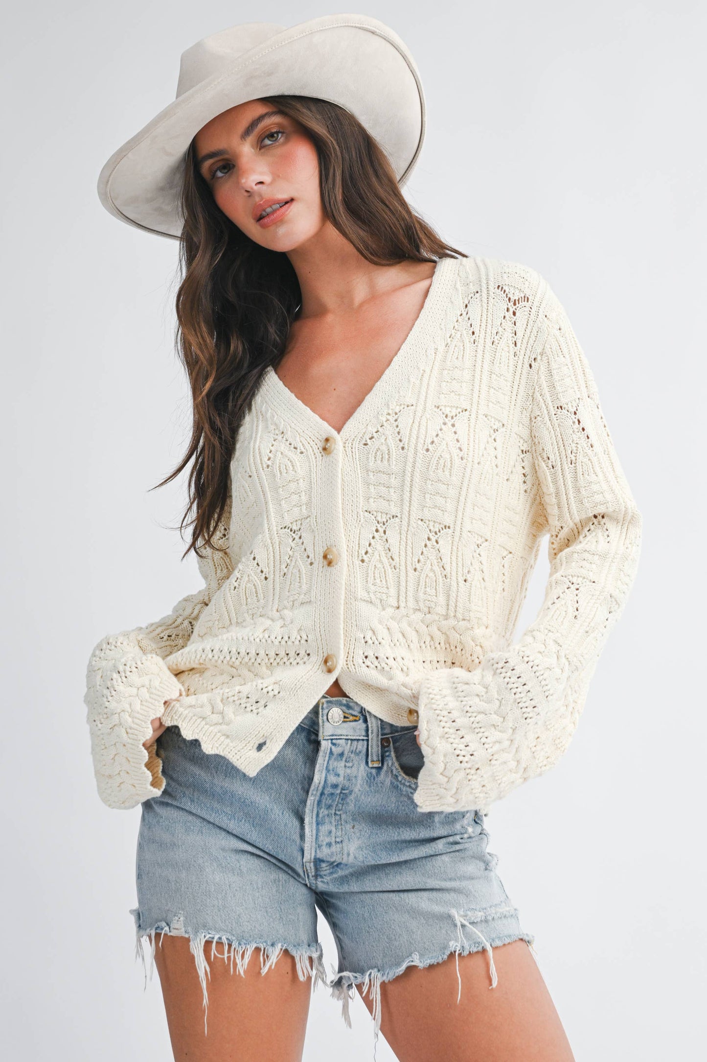 Textured Pointelle Button Front Cardigan Top