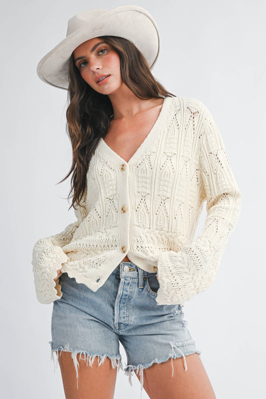 Textured Pointelle Button Front Cardigan Top