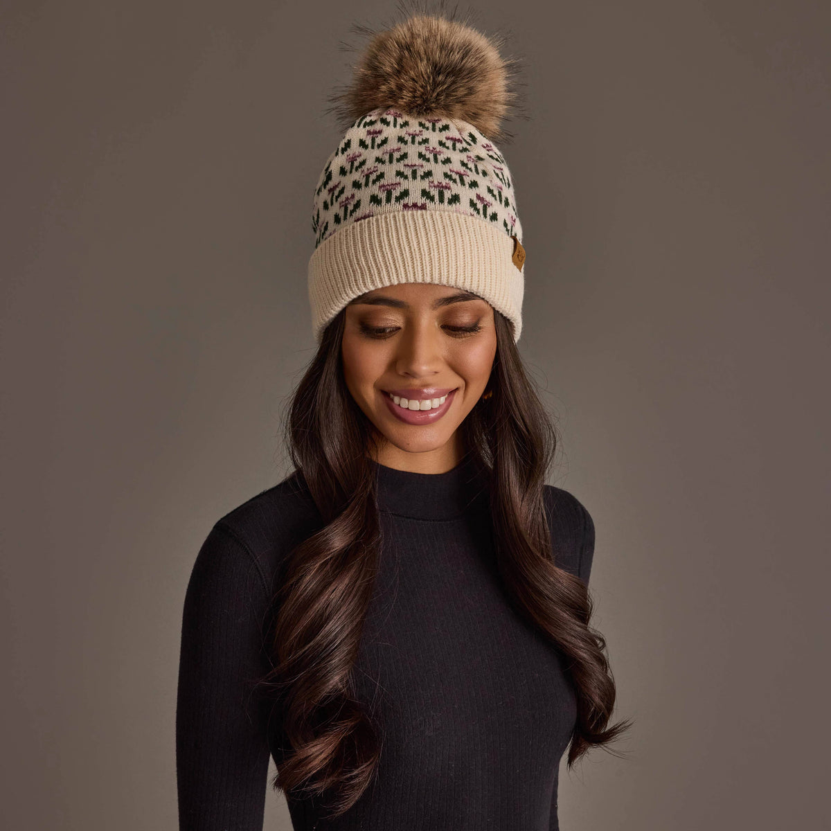 Cream Small Floral Pattern Knit Pom Hat