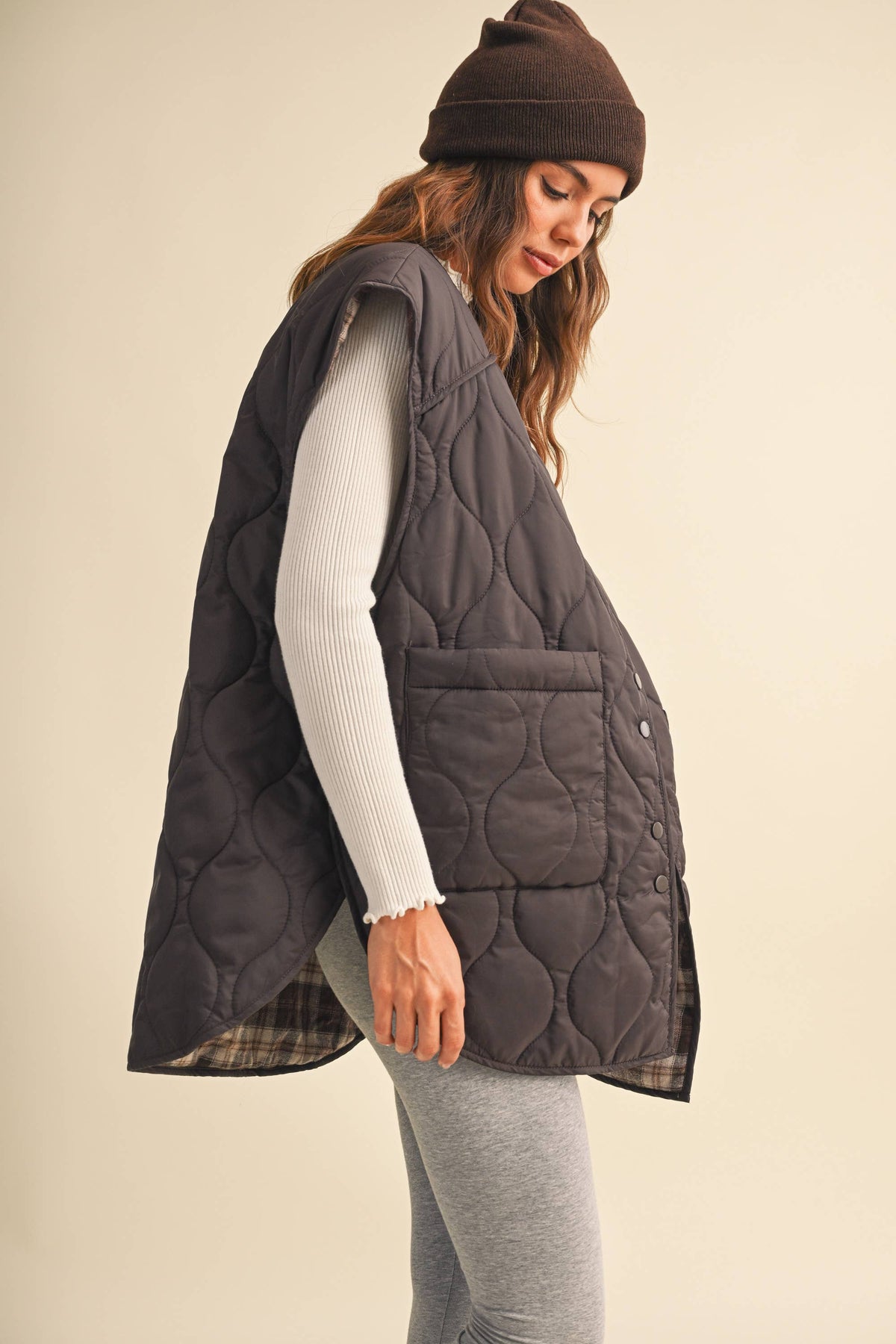 Oversized Reversible Quilted Plaid Vest