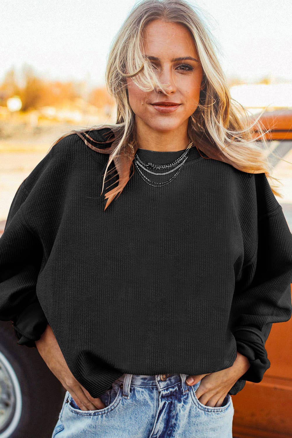Customizable Long Sleeve Ribbed Corded Oversized Sweatshirt