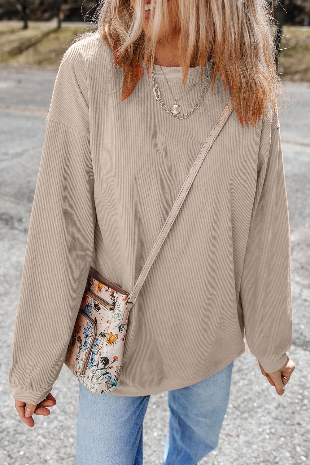 Customizable Long Sleeve Ribbed Corded Oversized Sweatshirt