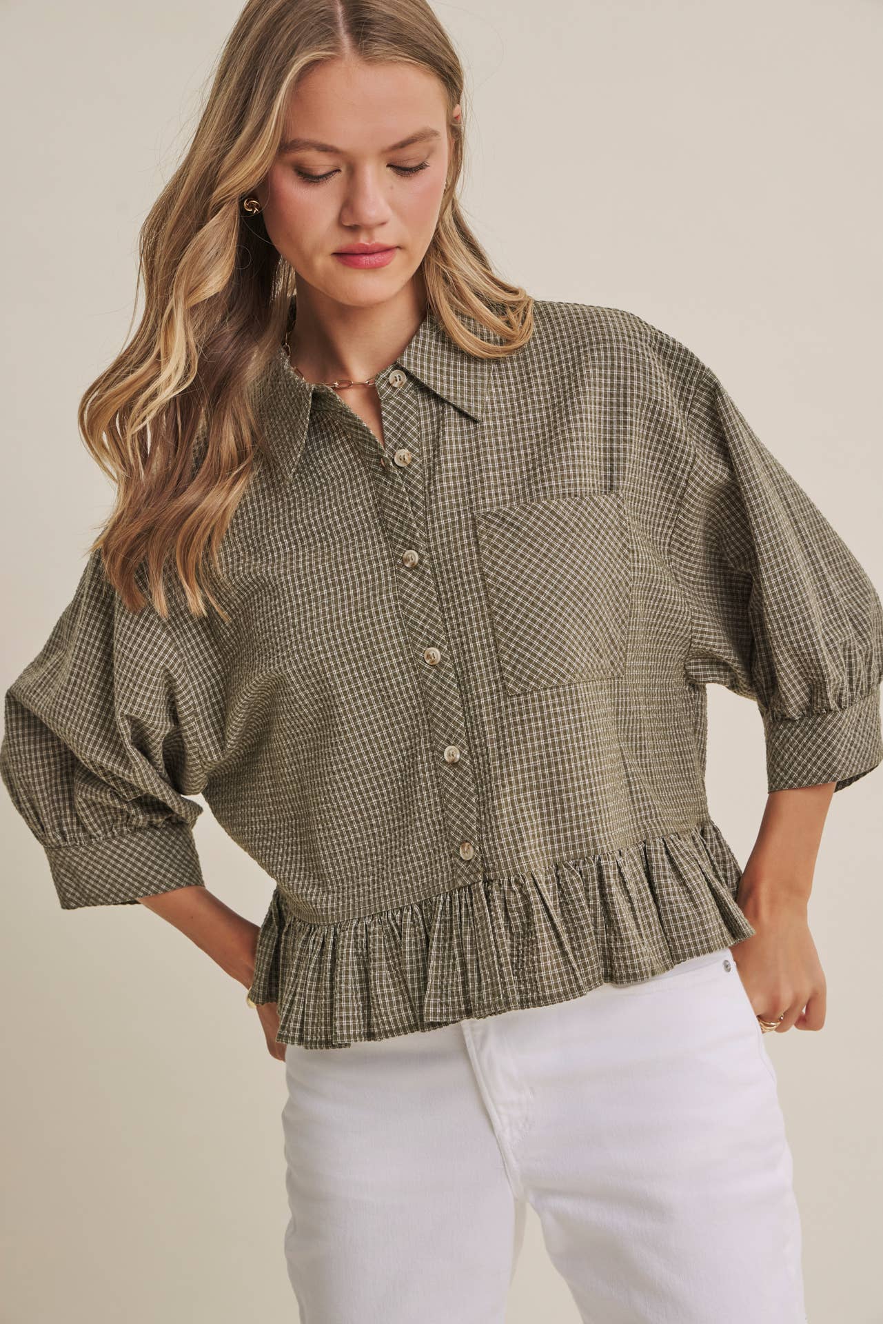 Morning Oat Micro Check Ruffle Hem