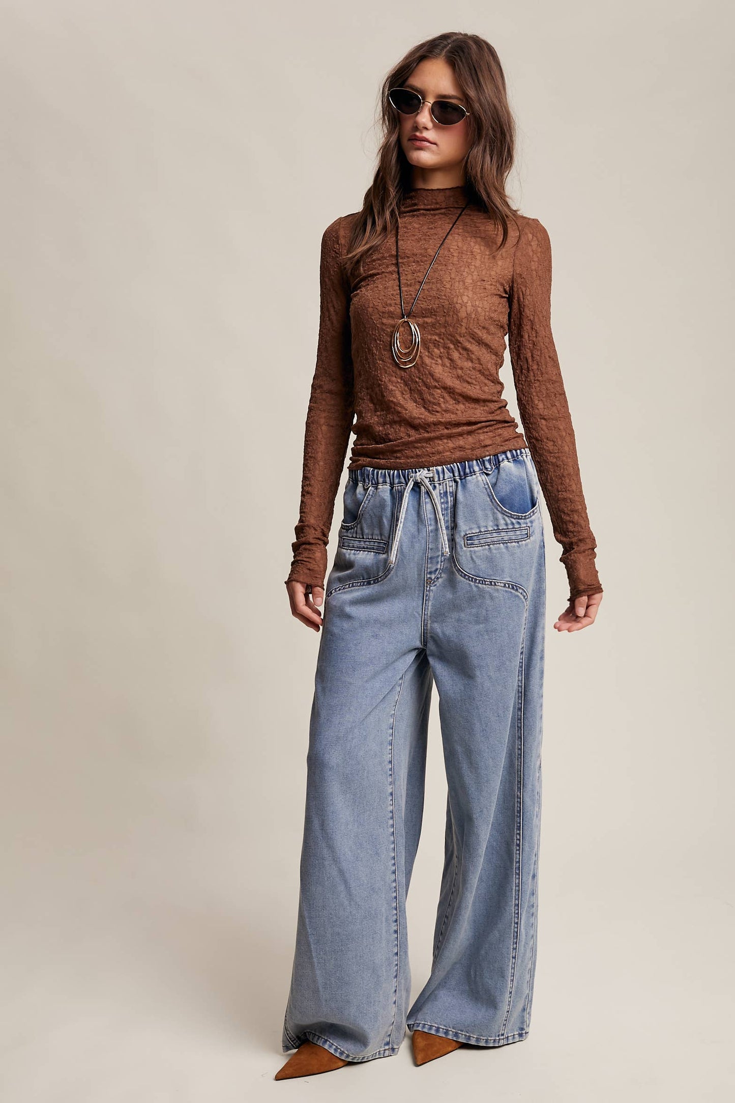Wide Leg Denim Drawstring Pants