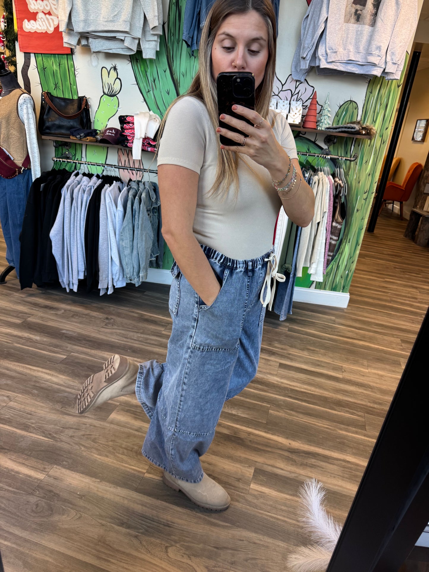 Wide-Leg Denim Drawstring Pants