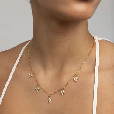 18K Gold PVD Stainless Steel CZ Dangle Floral Necklace